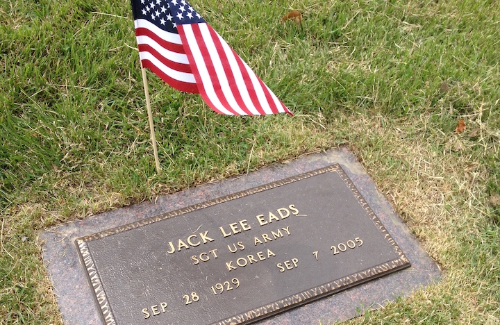 The burial plate of my father Jack Eads, who received a 21-gun salute at his burial because of his service in the Korean War.