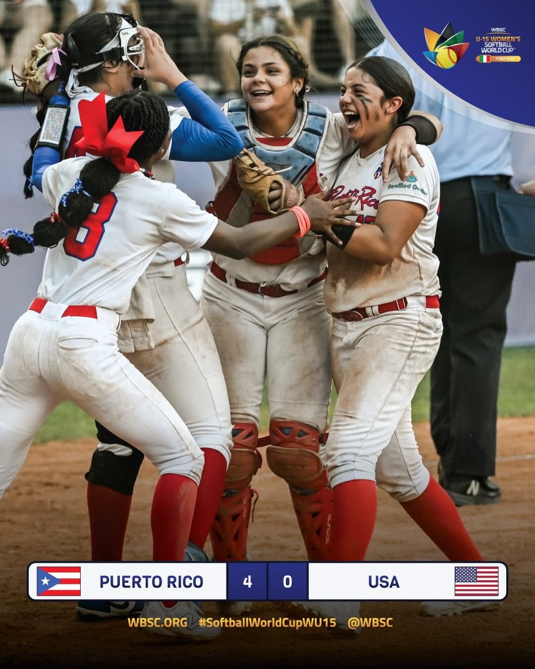 Naima Melendez (right) celebrates the historic Puerto Rico win over Team USA with sister Nylah (catcher) and teammates