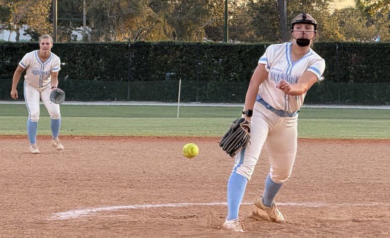 Goose Goodwin of Arizona Rising pitches against the Texas Glory in her team's 5-3 victory Friday night at the Clearwater Fall Invitaitonal